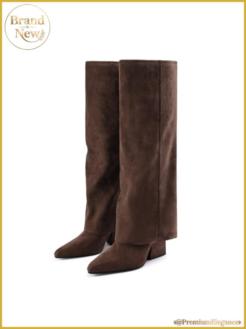 Suede Knee High Fold Over Pointed Toe Block Heel Boots